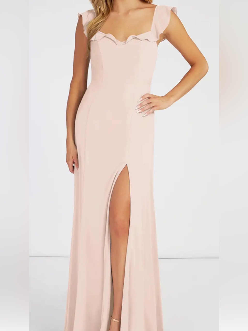 Azazie Blush Pink Ruffle Strap Maxi Dress With Side Slit